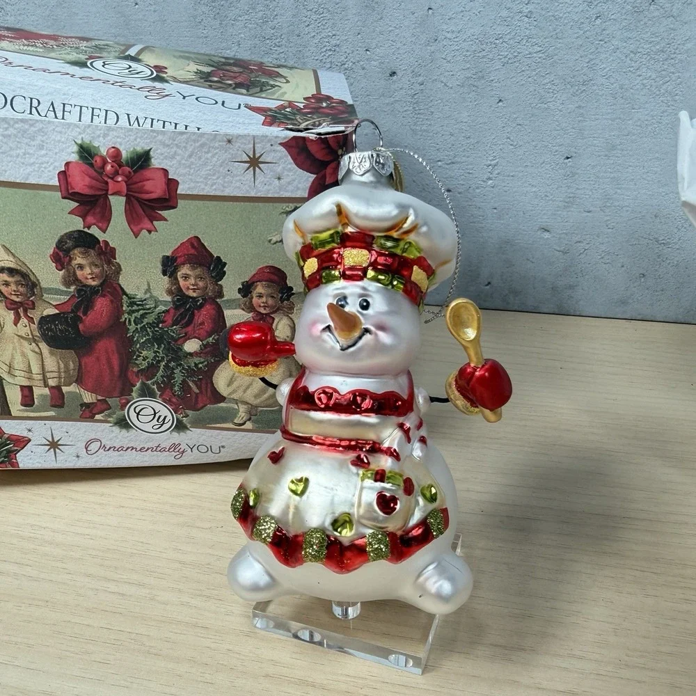 Ornamentally You Cheerful Holiday Snowman Chef Glass Christmas Ornament